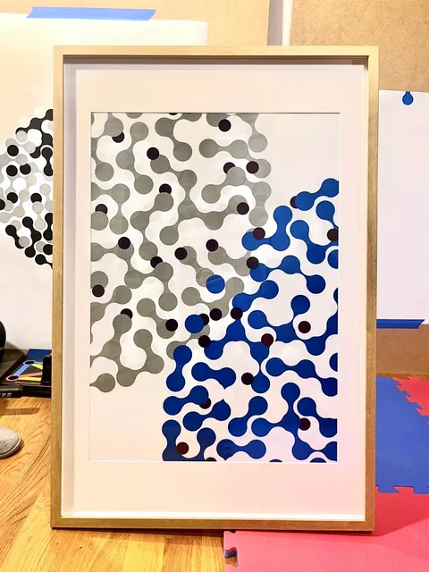 No. 4 – Panel I, framed: three panels of connected grey and white circles, with blue moving through each one