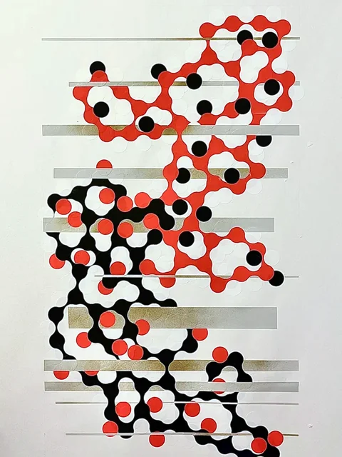 No. 5 – Finished: a network of connected red and black circles, crossed by grey bands
