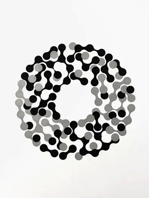 No. 2 – Finished: a ring of connected black and grey circles on white paper