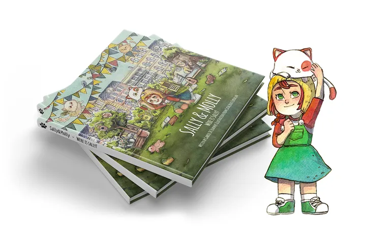 Ein Stapel SallyMolly-Bilderbücher neben einer Illustration von Molly in einem grünen Kleid